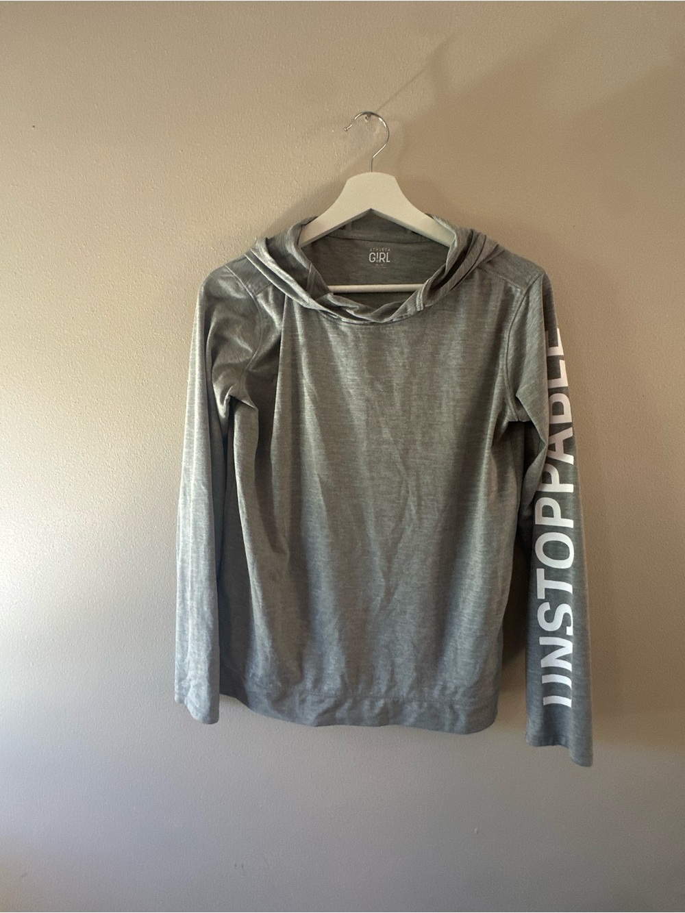 Athleta Gray Crewneck Hoodie Sweater with Sleeve 'UNSTOPPABLE' Print